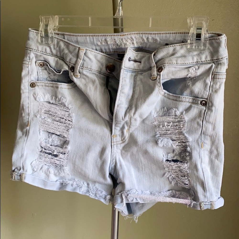 High waisted distressed light wash jeans shorts!